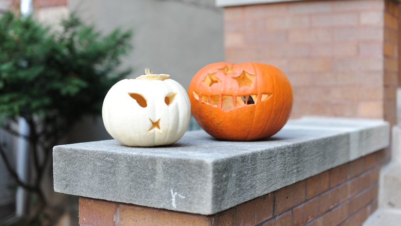 白とオレンジのかぼちゃで作ったハロウィンの飾り