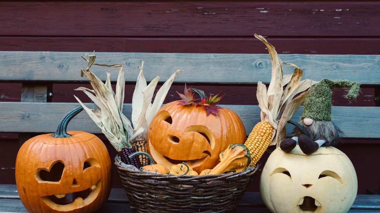 木のベンチに並ぶかぼちゃとハロウィンの飾り